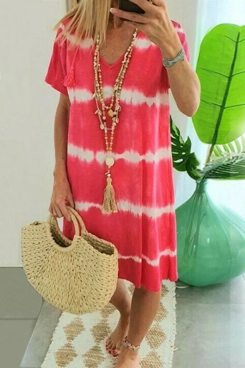 🌷Uitverkoop 50% korting🌸Nieuwe V-hals Tie-Dye Gedrukte Jurken met Korte Mouwen