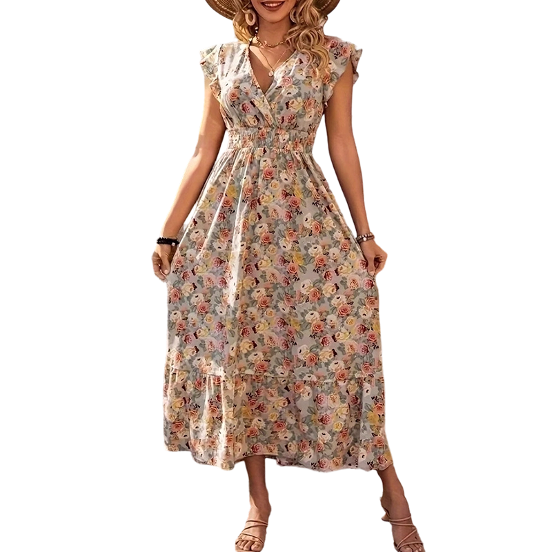 Dames Jurk met Bloemenprint, V-hals en Gesmokte Taille