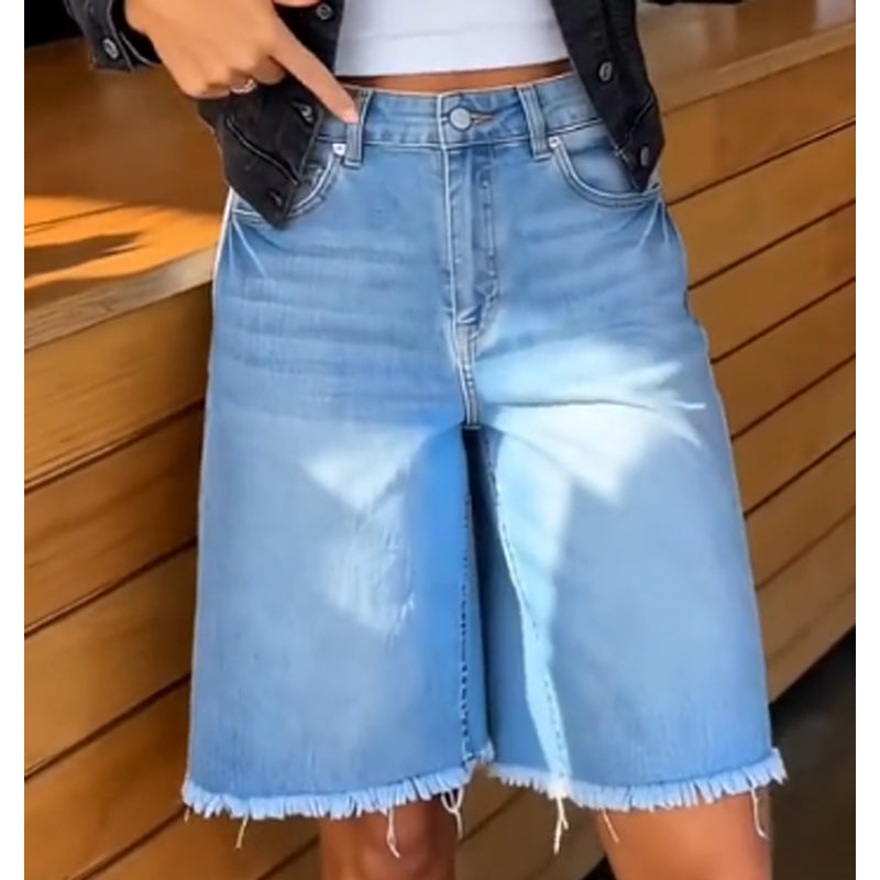 Casual denim shorts met hoge taille en franjes voor dames