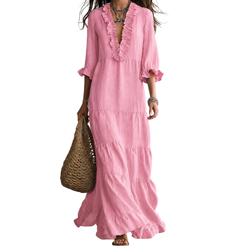 Dames maxi-jurk met ruches, V-hals en gelaagde rok