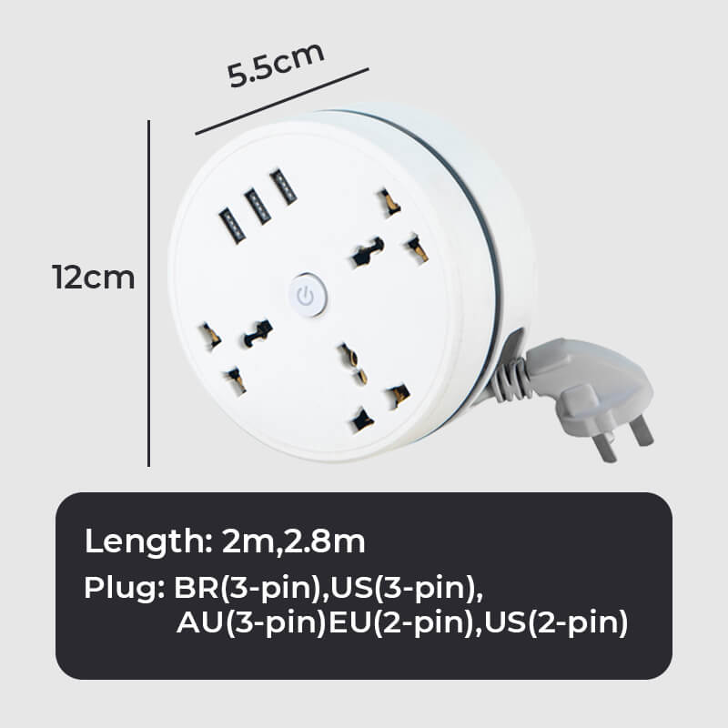 🔌 Universele Kabeloproller Stekkerdoos — 3 AC-stopcontacten + 3 USB, 2500W, Overspanningsbeveiliging, Compatibel met UK/EU/US, Draagbaar ✨