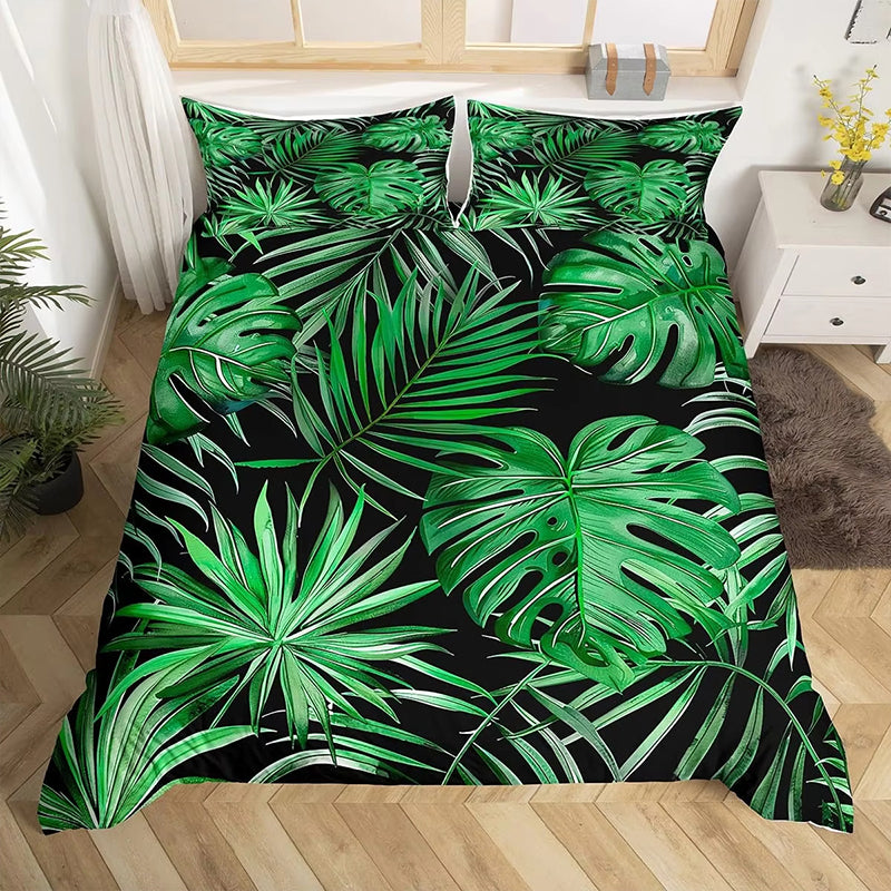 Beddengoedset met tropische palmbladeren