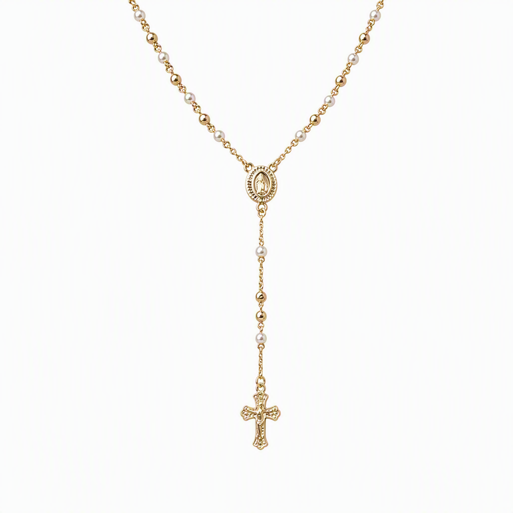Retro hangerketting met kruisbeeld van de Maagd Maria in goudkleur, met kralen Y-ketting