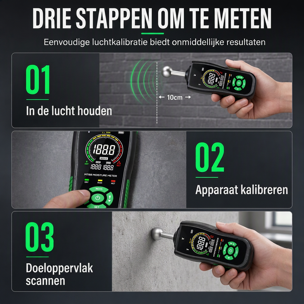 MT68 Pinloze Bolvormige Sensor Vochtmeter voor het Testen van Lekkages in Wandpleister, Stopverf, Metselwerk en Tegels
