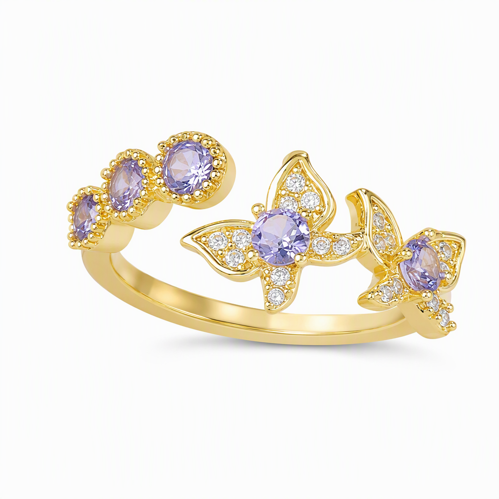 ⏳🔥 50% KORTING! 💜 Lavendelpaarse Zirkoon Vlinder Sieradenset – Verstelbare Ring & Oorbellen ✨
