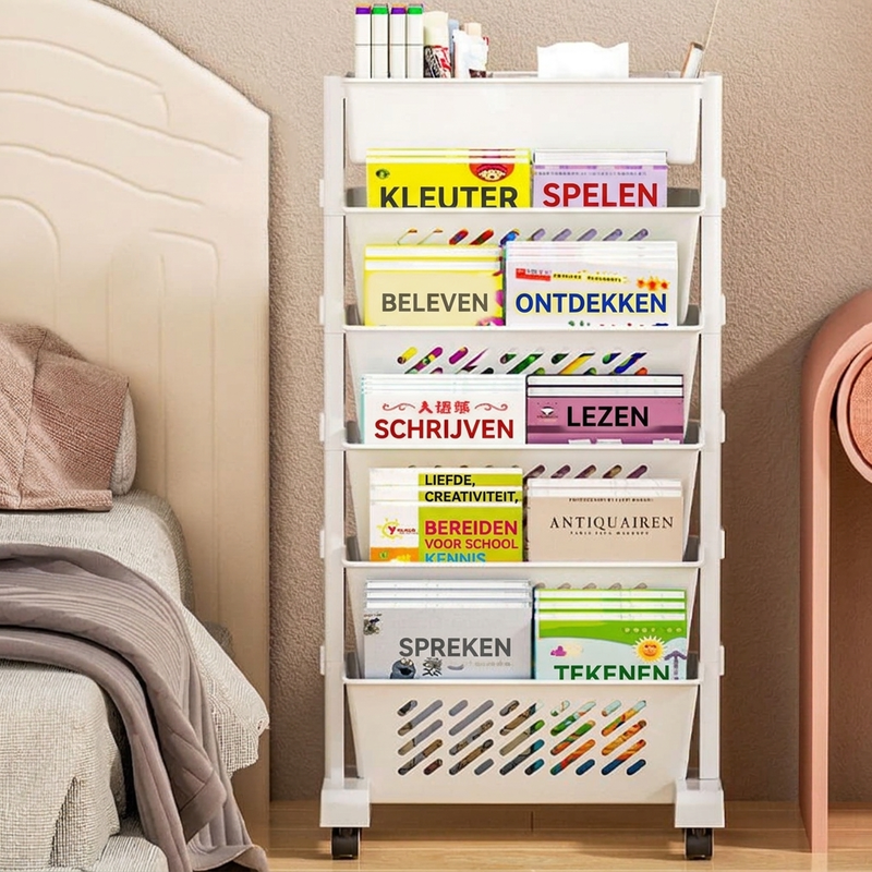 📚 BEPERKTE TIJD: 50% KORTING! 🛞 Verrijdbare Boekenplank op Wieltjes – 5/6 Planken, 45° Schuin, Vergrendelbare Wieltjes 📖