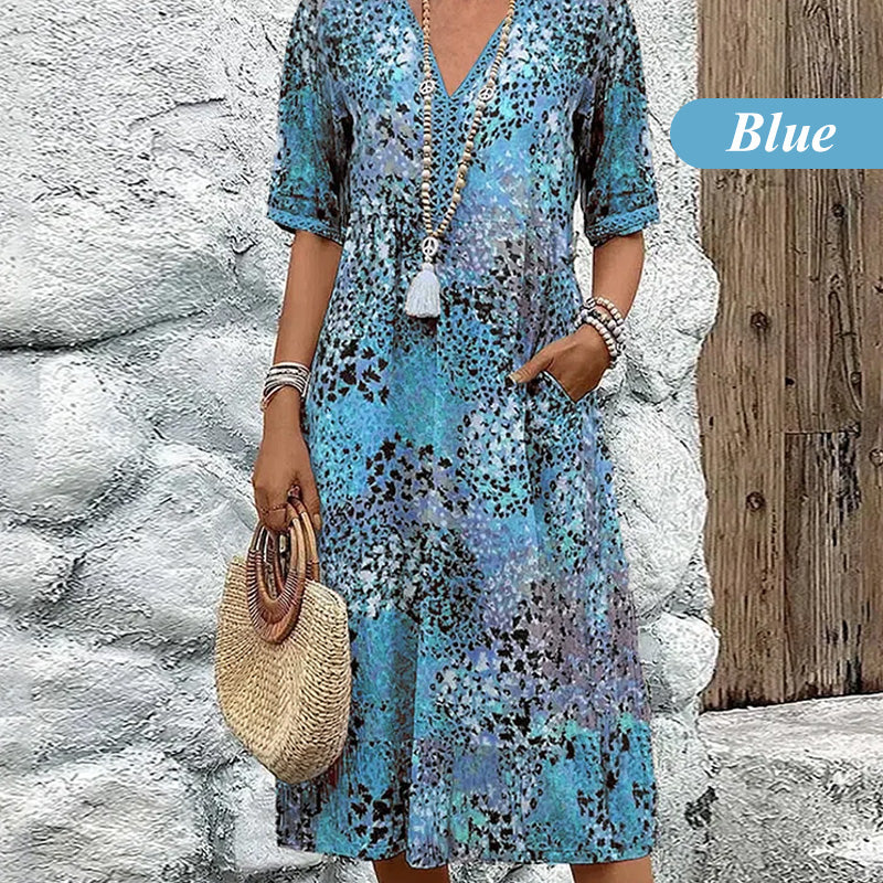 ✨👗Linnen/Cotton Jurk met V-hals | Levendige Print | Comfortabele Pasvorm | Voor Elke Gelegenheid🌟