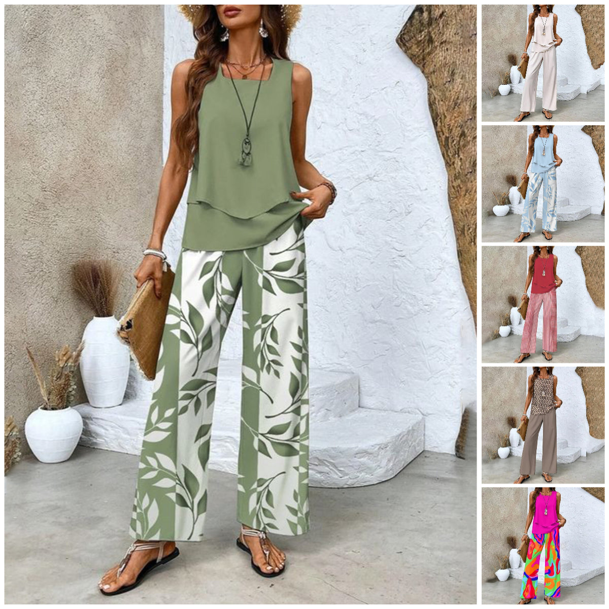 🌸Dames Trendy Print 2-delige Outfits Mouwloze Top & Broek