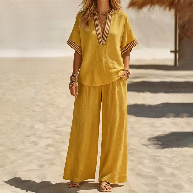Dames V-hals Top en Wijde Pijp Broek Set