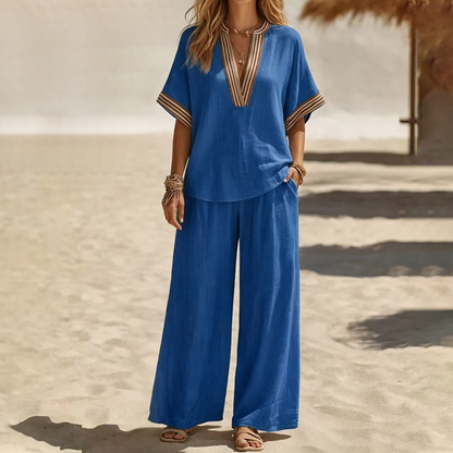 Dames V-hals Top en Wijde Pijp Broek Set