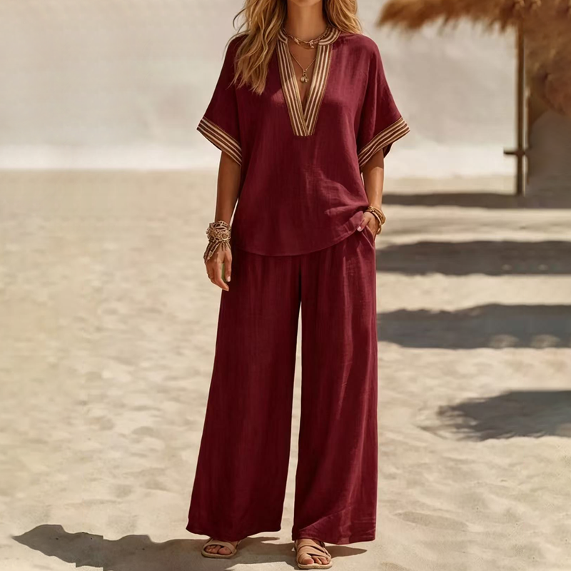 Dames V-hals Top en Wijde Pijp Broek Set