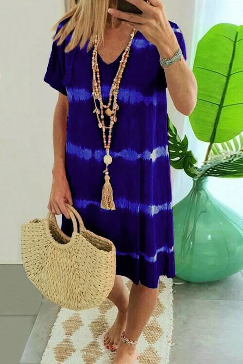 🌷Uitverkoop 50% korting🌸Nieuwe V-hals Tie-Dye Gedrukte Jurken met Korte Mouwen