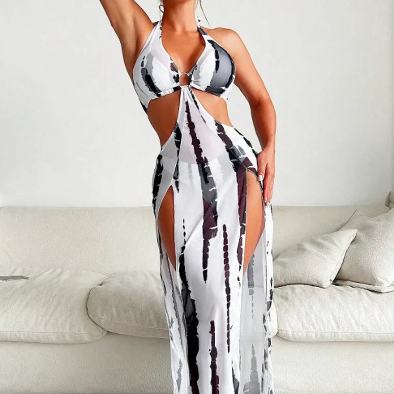 👙 TIJDELIJK 50% KORTING! ✨ Gestreept Tweedelig Badpak – Striknek, Ringdetail, Hoge Stretch 🌊