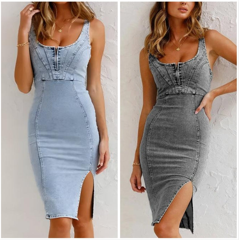 🥳HETE UITVERKOOP 2026🥳💞Meer dan 50.000 verkocht!💥50% korting!👗💙 Trending dit seizoen | Nauwsluitende denim jurk met U-hals | Gemakkelijke stijl voor elke gelegenheid ✨👜