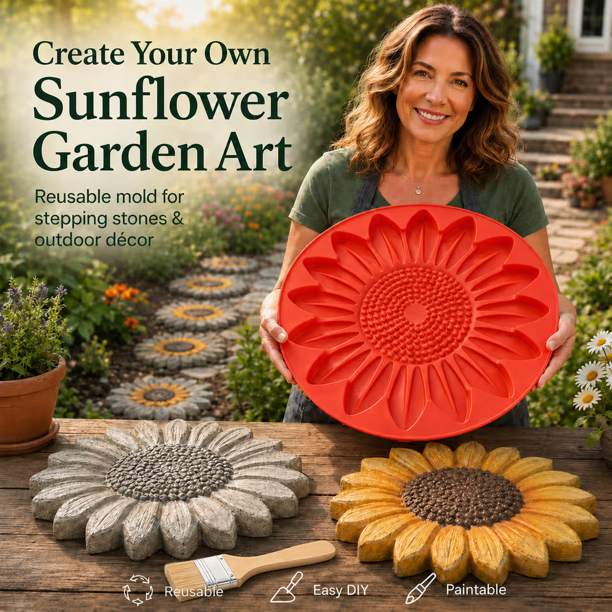 ✨🌻 Maak je tuin onvergetelijk met deze herbruikbare zonnebloem mal – elke steen wordt een uniek, kleurrijk pronkstuk. Perfect voor paden, borders en patio’s. Vandaag 49% KORTING!