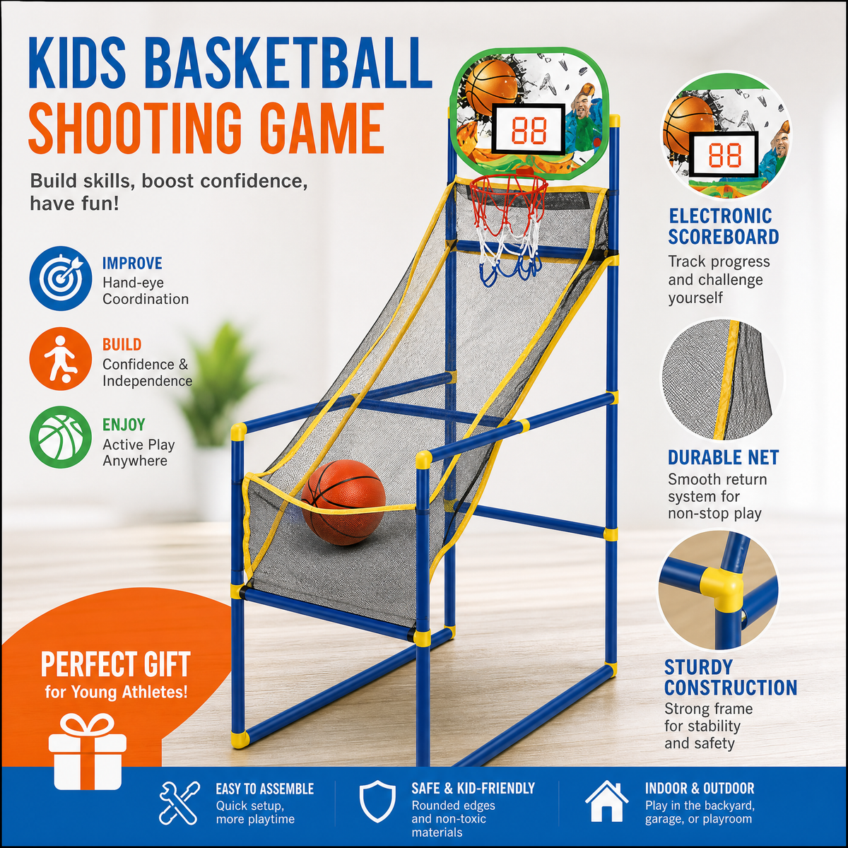⏰ NU 50% KORTING!⛹️Snelle verzending 🚚💨Stoere basketbalspel voor binnen voor kinderen met 4 ballen🏀