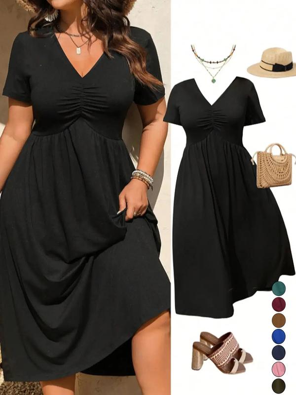 Plus Size V-Hals Midi Jurk™ – Geplooide A-Lijn | Vloeiend Zomerstof | Casual & Elegant