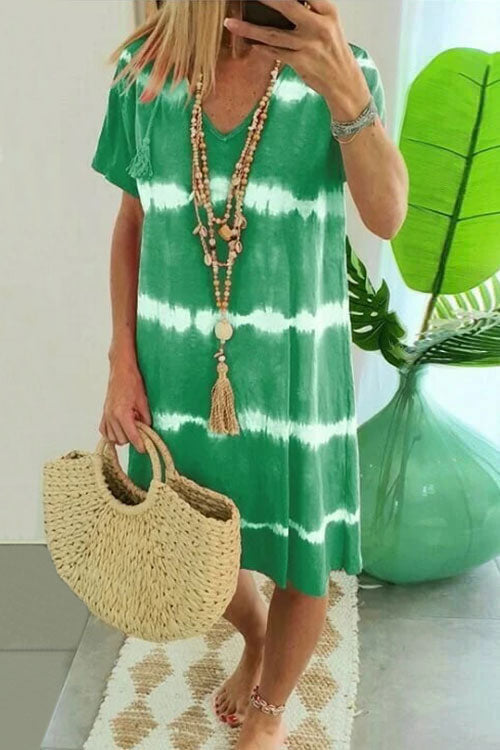 🌷Uitverkoop 50% korting🌸Nieuwe V-hals Tie-Dye Gedrukte Jurken met Korte Mouwen