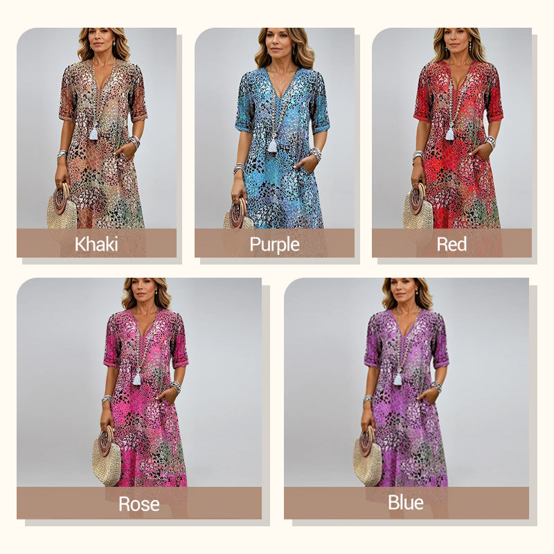 ✨👗Linnen/Cotton Jurk met V-hals | Levendige Print | Comfortabele Pasvorm | Voor Elke Gelegenheid🌟