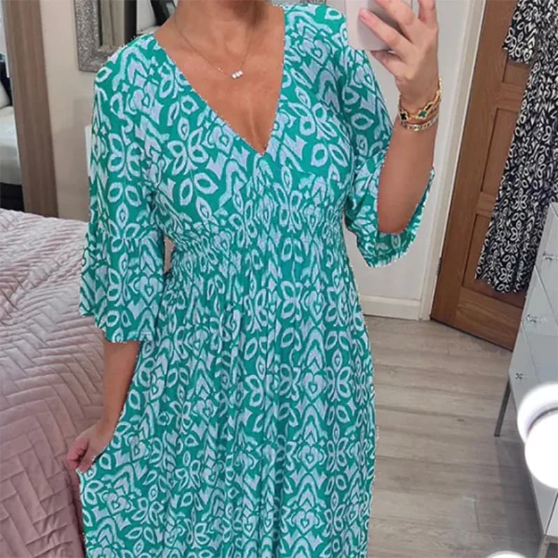 🔥Casual Gedrukte Lange Jurk met V-Hals Taille Omslag