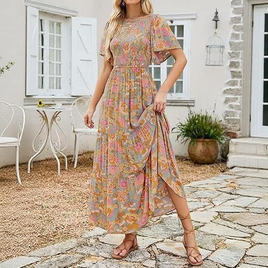 👗Casual damesjurk met bloemenprint, korte mouwen, ruches, hoge taille en zwierige pasvorm