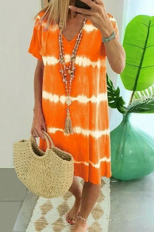 🌷Uitverkoop 50% korting🌸Nieuwe V-hals Tie-Dye Gedrukte Jurken met Korte Mouwen