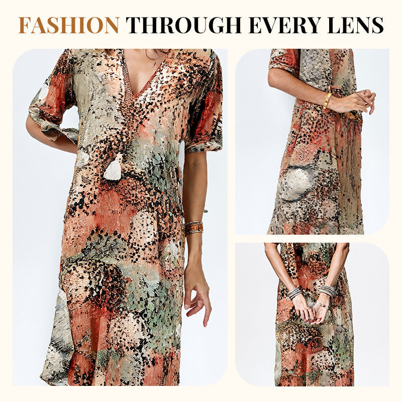 ✨👗Linnen/Cotton Jurk met V-hals | Levendige Print | Comfortabele Pasvorm | Voor Elke Gelegenheid🌟