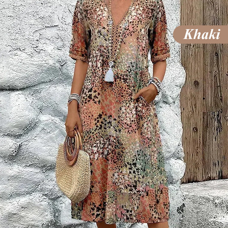 ✨👗Linnen/Cotton Jurk met V-hals | Levendige Print | Comfortabele Pasvorm | Voor Elke Gelegenheid🌟