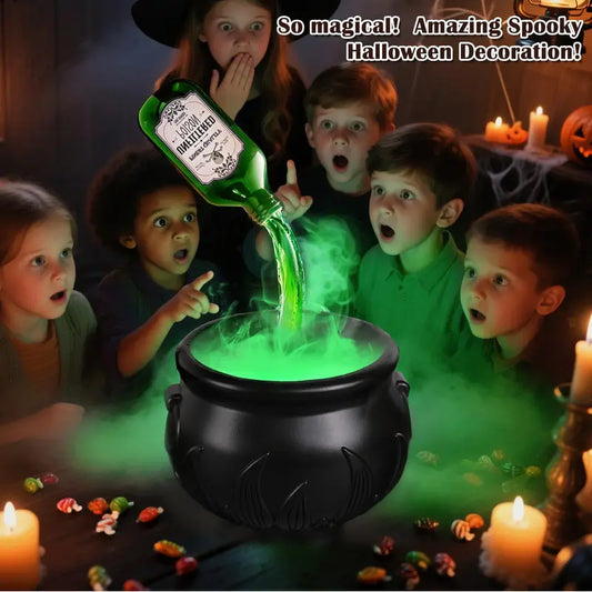 Halloweendecoratie binnen - heksenketel met magische zwevende fles & mistmaker