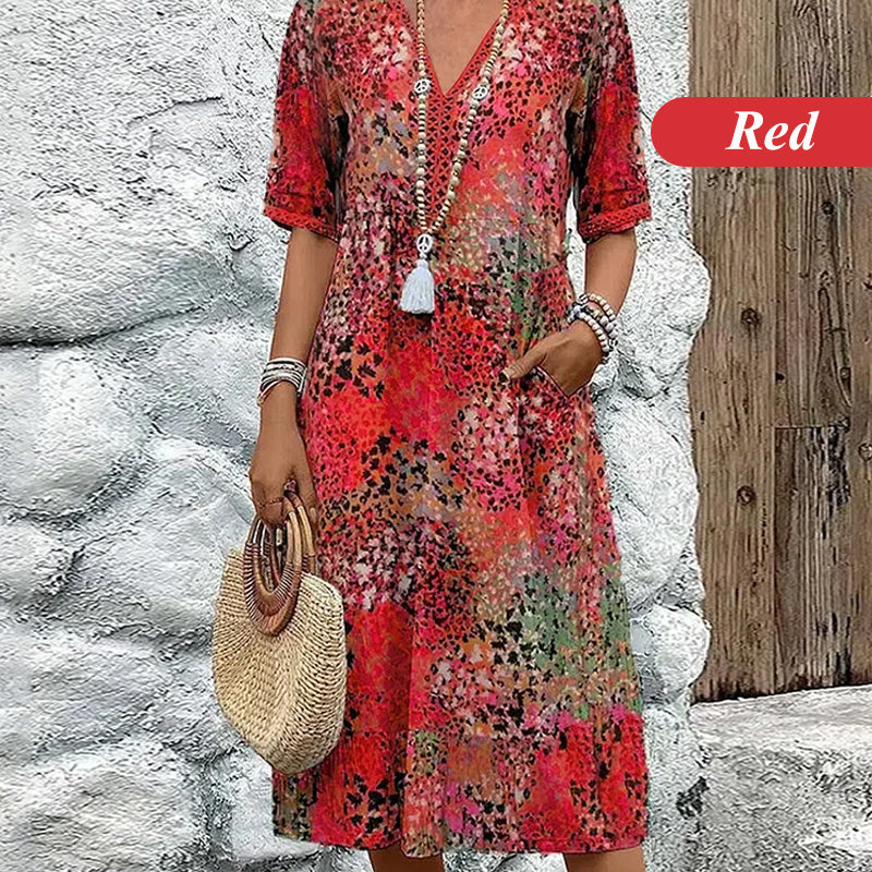 ✨👗Linnen/Cotton Jurk met V-hals | Levendige Print | Comfortabele Pasvorm | Voor Elke Gelegenheid🌟