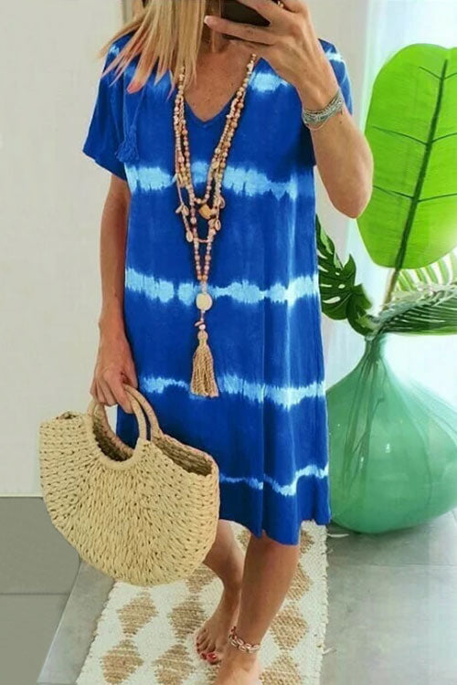 🌷Uitverkoop 50% korting🌸Nieuwe V-hals Tie-Dye Gedrukte Jurken met Korte Mouwen