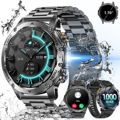 Heren Smartwatch Militairstijl met 1100 mAh Accu, 1,7 Inch AMOLED Display, LED Zaklamp, IP68 Waterdicht, Fitness Horloge met Belfunctie, 110+ Sportmodi, Hartslag/Slaapmonitoring, Compatibel met iOS en Android