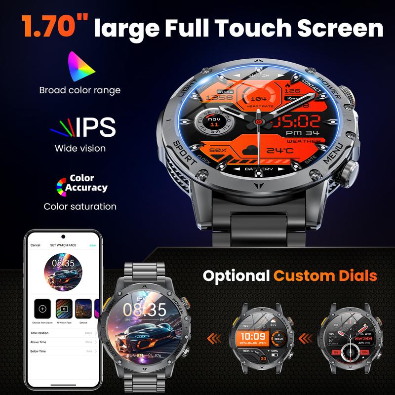 Heren Smartwatch Militairstijl met 1100 mAh Accu, 1,7 Inch AMOLED Display, LED Zaklamp, IP68 Waterdicht, Fitness Horloge met Belfunctie, 110+ Sportmodi, Hartslag/Slaapmonitoring, Compatibel met iOS en Android