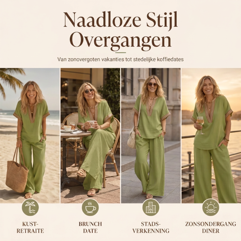 Dames V-hals Top en Wijde Pijp Broek Set