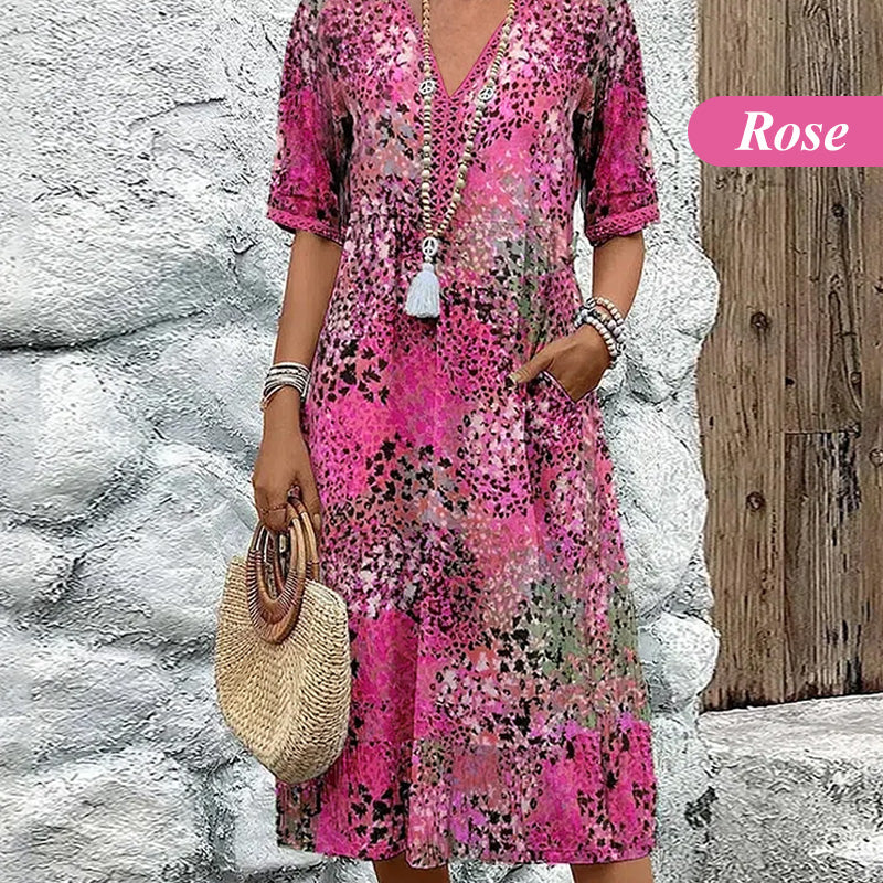 ✨👗Linnen/Cotton Jurk met V-hals | Levendige Print | Comfortabele Pasvorm | Voor Elke Gelegenheid🌟