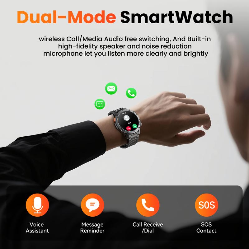 Heren Smartwatch Militairstijl met 1100 mAh Accu, 1,7 Inch AMOLED Display, LED Zaklamp, IP68 Waterdicht, Fitness Horloge met Belfunctie, 110+ Sportmodi, Hartslag/Slaapmonitoring, Compatibel met iOS en Android