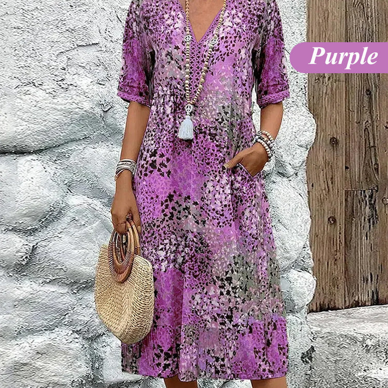 ✨👗Linnen/Cotton Jurk met V-hals | Levendige Print | Comfortabele Pasvorm | Voor Elke Gelegenheid🌟