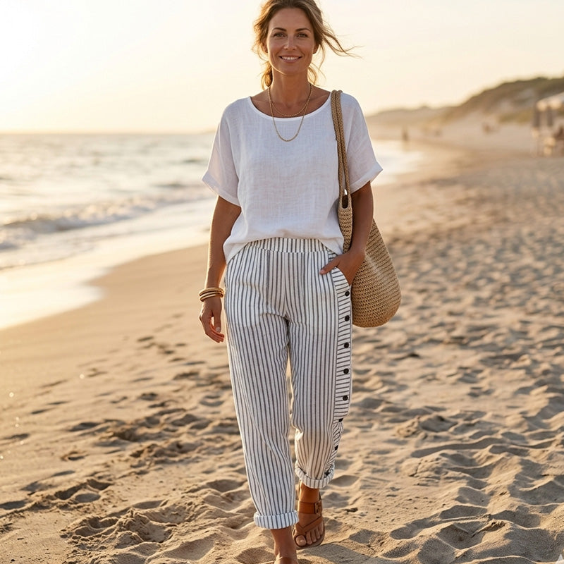 ☀️Beperkte voorraad | Franse designer gestreepte broek 👖💙 – zijzakken, licht & comfortabel, voor een moeiteloze elegantie! ✨🌸