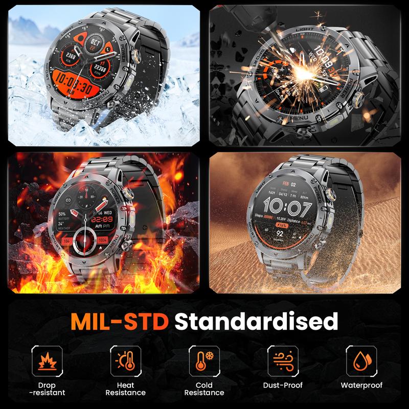 Heren Smartwatch Militairstijl met 1100 mAh Accu, 1,7 Inch AMOLED Display, LED Zaklamp, IP68 Waterdicht, Fitness Horloge met Belfunctie, 110+ Sportmodi, Hartslag/Slaapmonitoring, Compatibel met iOS en Android