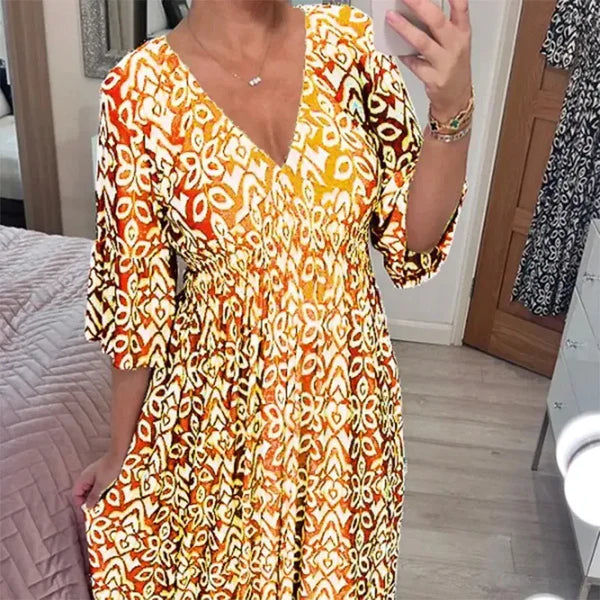 🔥Casual Gedrukte Lange Jurk met V-Hals Taille Omslag