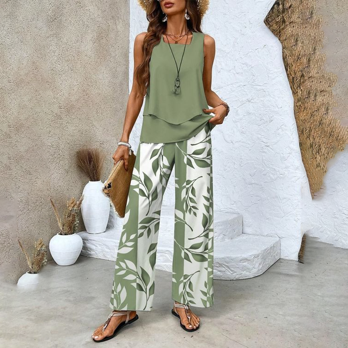 🌸Dames Trendy Print 2-delige Outfits Mouwloze Top & Broek