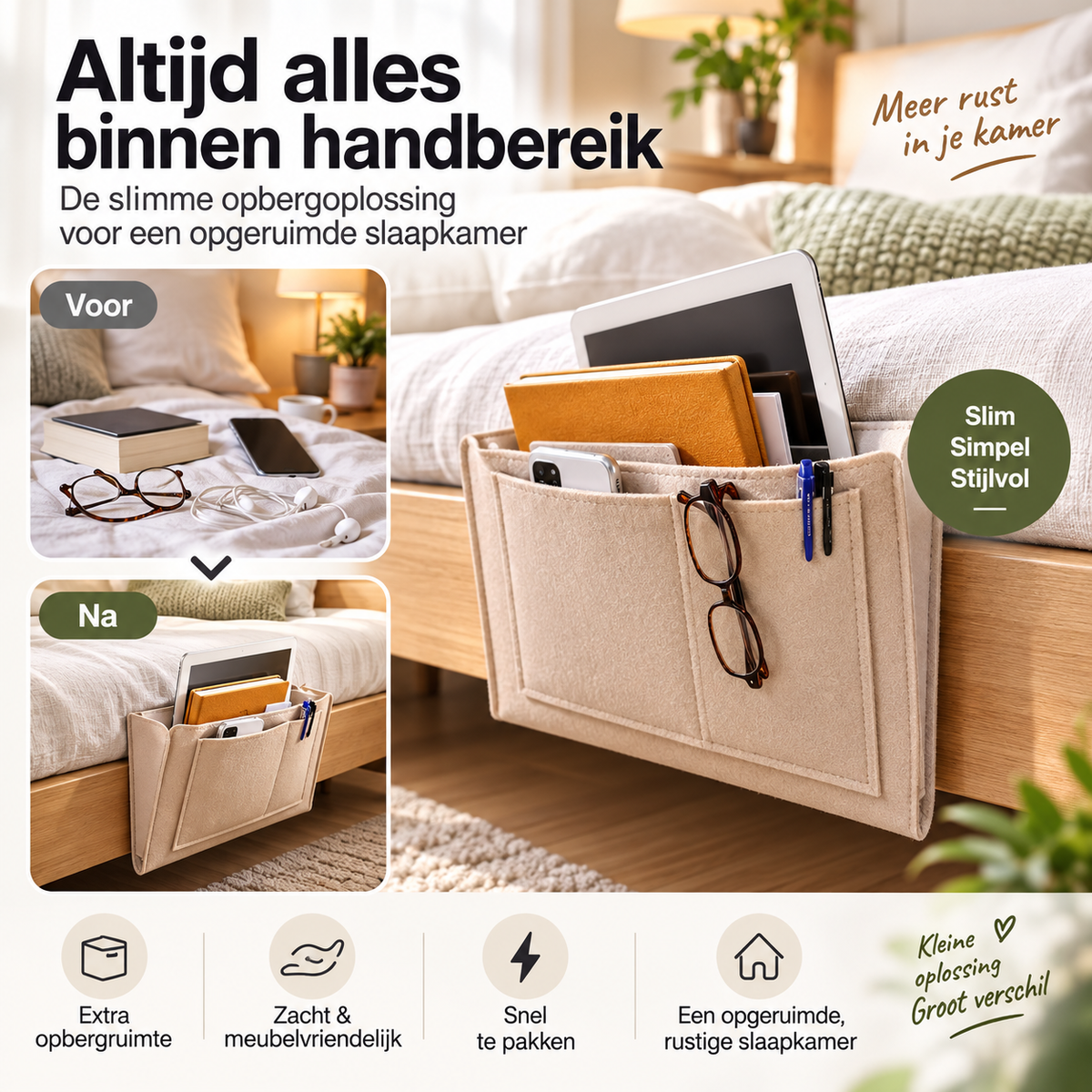 🛏️ Vilten bedorganizer voor boeken en kleine spullen