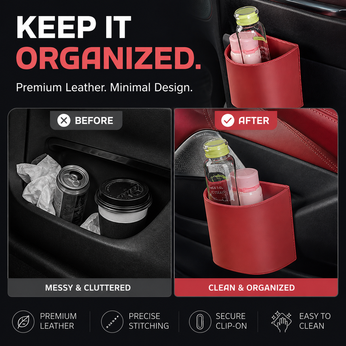 🥳2026 HOT SALE🥳💞50K+ VERKOCHT!🚗🧺 50% KORTING! Lederen autodeur bekerhouder – Brede opening, gemakkelijk bereikbaar voor drankjes en telefoon. Stevige clipbevestiging. Gemaakt van duurzaam PU-leer, sterk & stijlvol. 🛡️✨