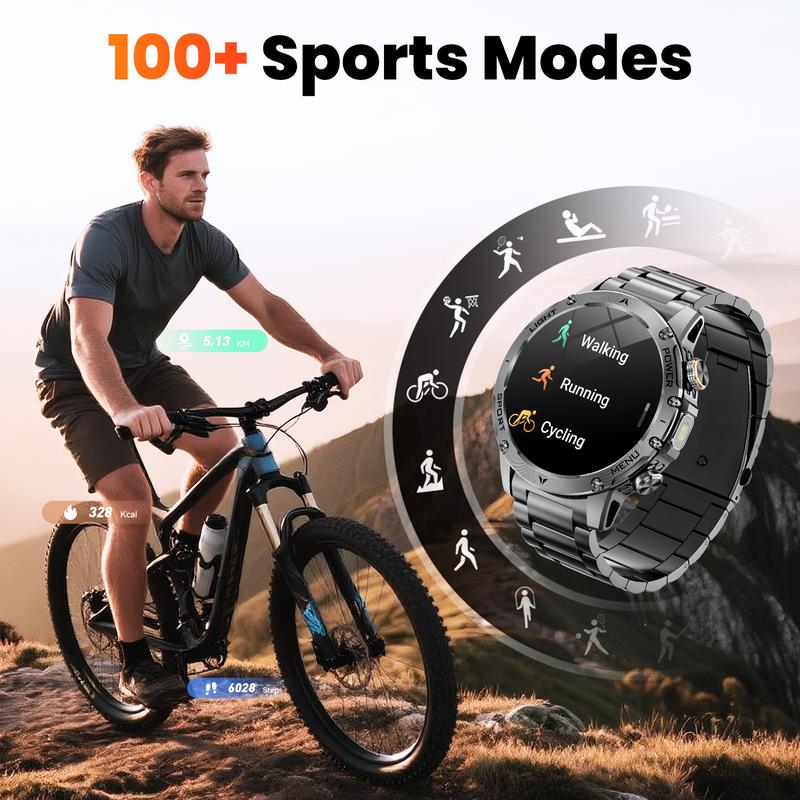 Heren Smartwatch Militairstijl met 1100 mAh Accu, 1,7 Inch AMOLED Display, LED Zaklamp, IP68 Waterdicht, Fitness Horloge met Belfunctie, 110+ Sportmodi, Hartslag/Slaapmonitoring, Compatibel met iOS en Android