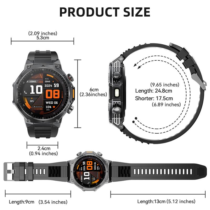Heren Smartwatch Militairstijl met 1100 mAh Accu, 1,7 Inch AMOLED Display, LED Zaklamp, IP68 Waterdicht, Fitness Horloge met Belfunctie, 110+ Sportmodi, Hartslag/Slaapmonitoring, Compatibel met iOS en Android