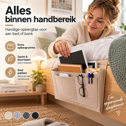🛏️ Vilten bedorganizer voor boeken en kleine spullen