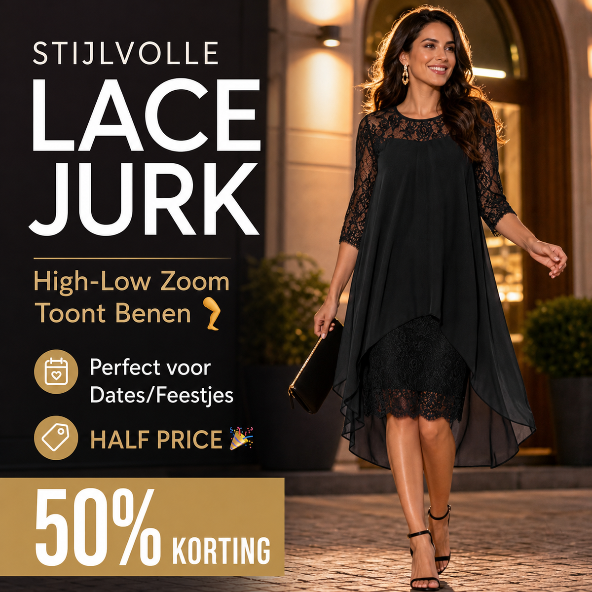 💃 FLASH SALE! 🌸 Stijlvolle Lace Jurk Met High-Low Design – Perfect Voor Feestjes, Dates & Speciale Momenten