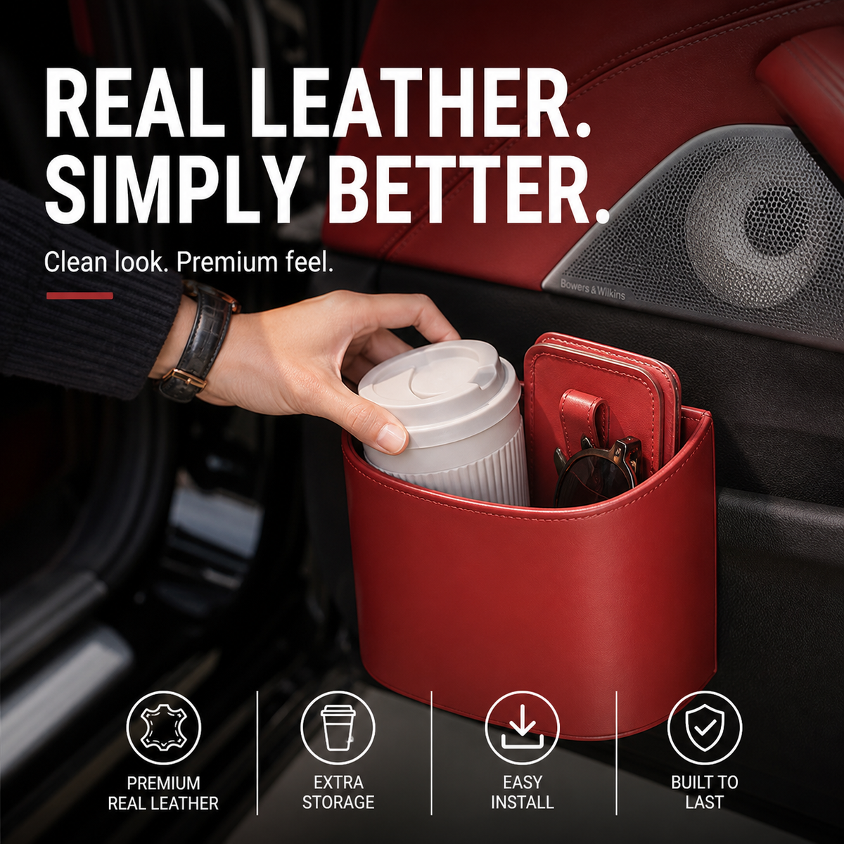 🥳2026 HOT SALE🥳💞50K+ VERKOCHT!🚗🧺 50% KORTING! Lederen autodeur bekerhouder – Brede opening, gemakkelijk bereikbaar voor drankjes en telefoon. Stevige clipbevestiging. Gemaakt van duurzaam PU-leer, sterk & stijlvol. 🛡️✨