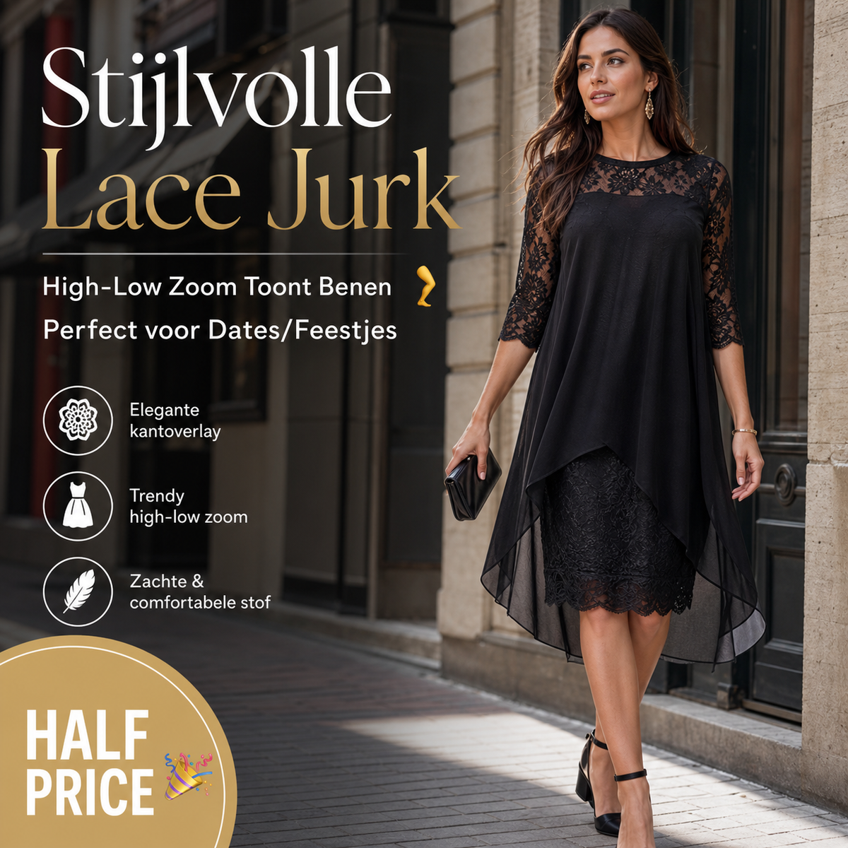 💃 FLASH SALE! 🌸 Stijlvolle Lace Jurk Met High-Low Design – Perfect Voor Feestjes, Dates & Speciale Momenten