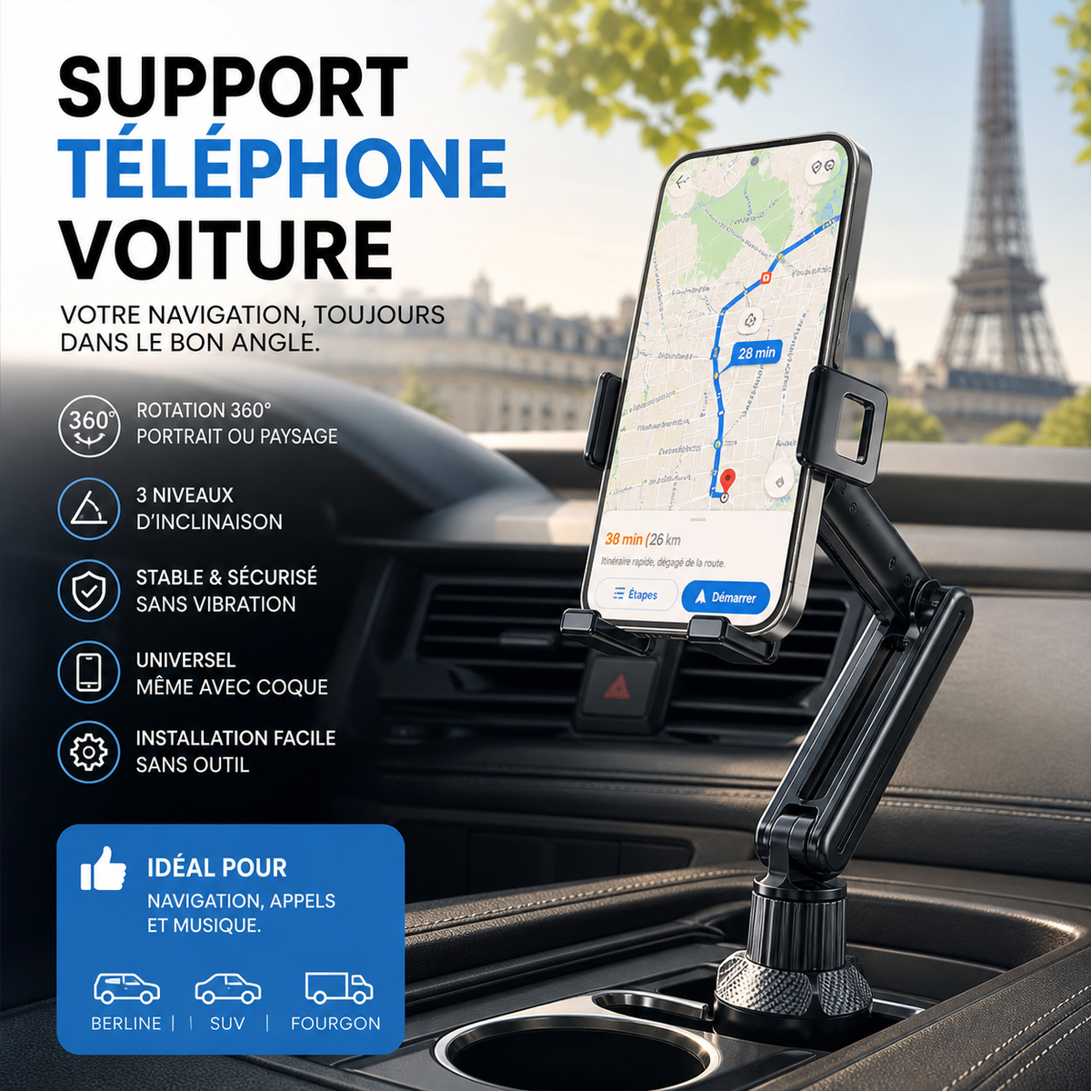 🚗 360° draaibare en verstelbare mobiele telefoonhouder voor in de auto– Draaibaar, verstelbaar & universeel✨
